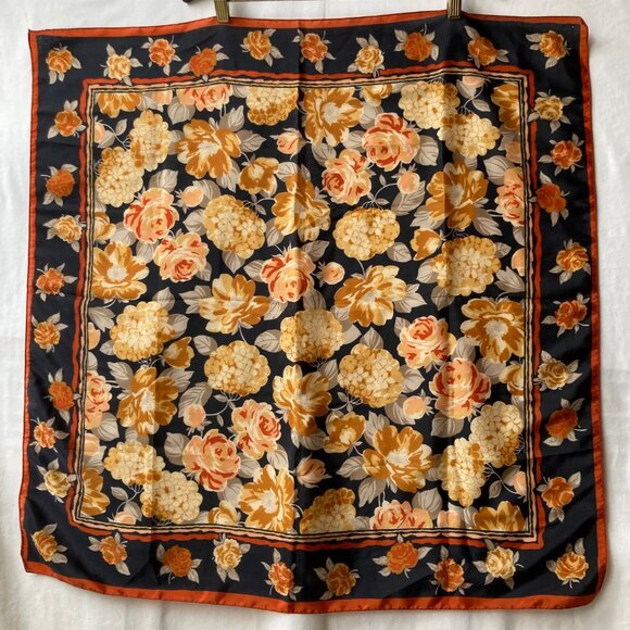 Vintage Floral Flower Womens Scarf Square Orange Brown BeigeTan Roses Hydrangeas - Picture 10 of 12